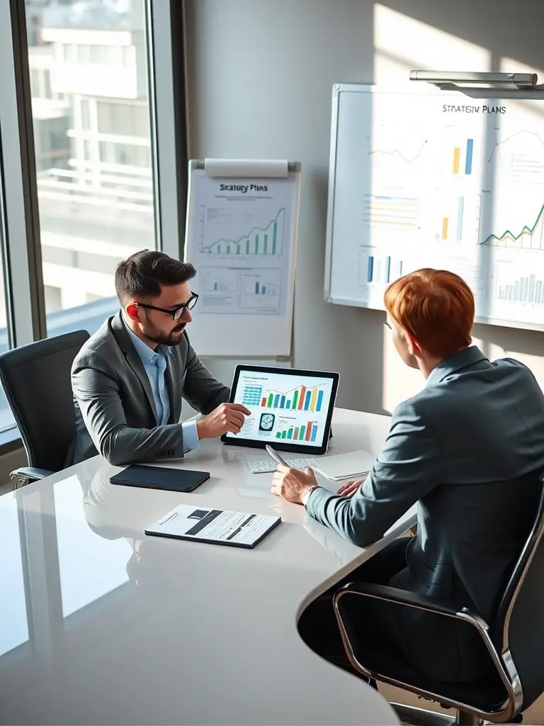 A professional business coach guiding a client through a strategic planning session, with charts and graphs visible in the background, emphasizing data-driven decision-making.