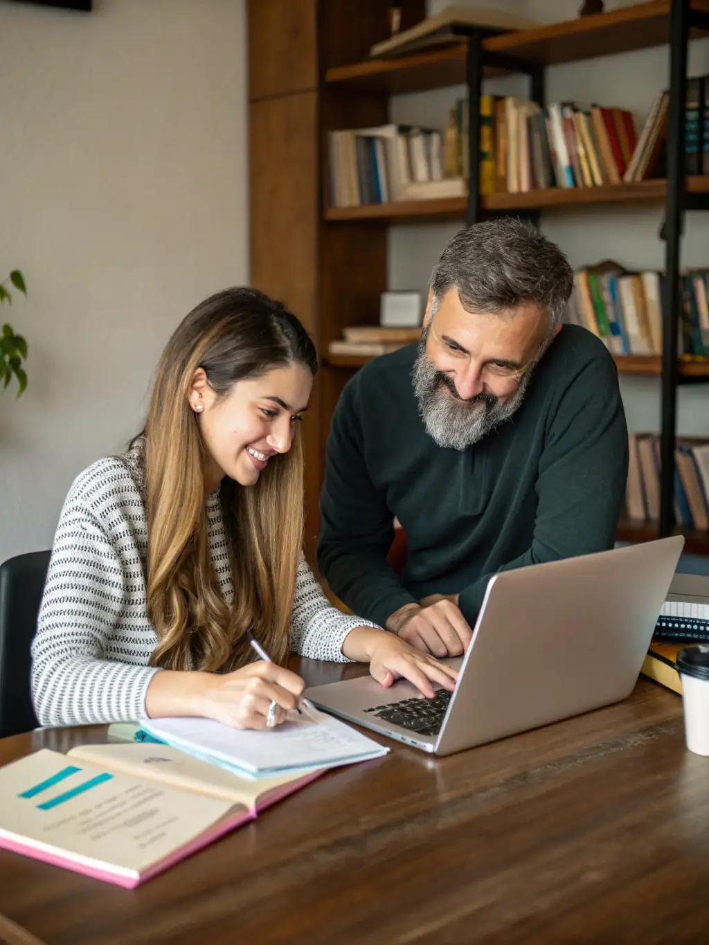 A business mentor providing one-on-one guidance to an entrepreneur, focusing on problem-solving and innovative solutions in a modern office setting.