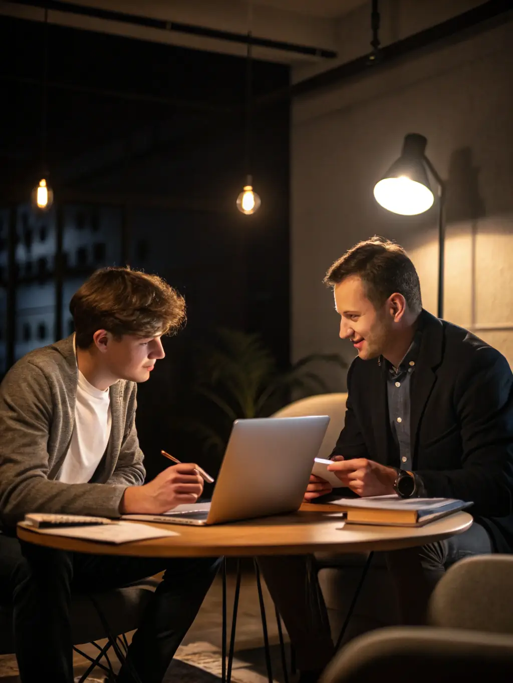 A mentor and mentee reviewing business plans on a laptop in a modern office setting, representing Business Strategy Mentoring.