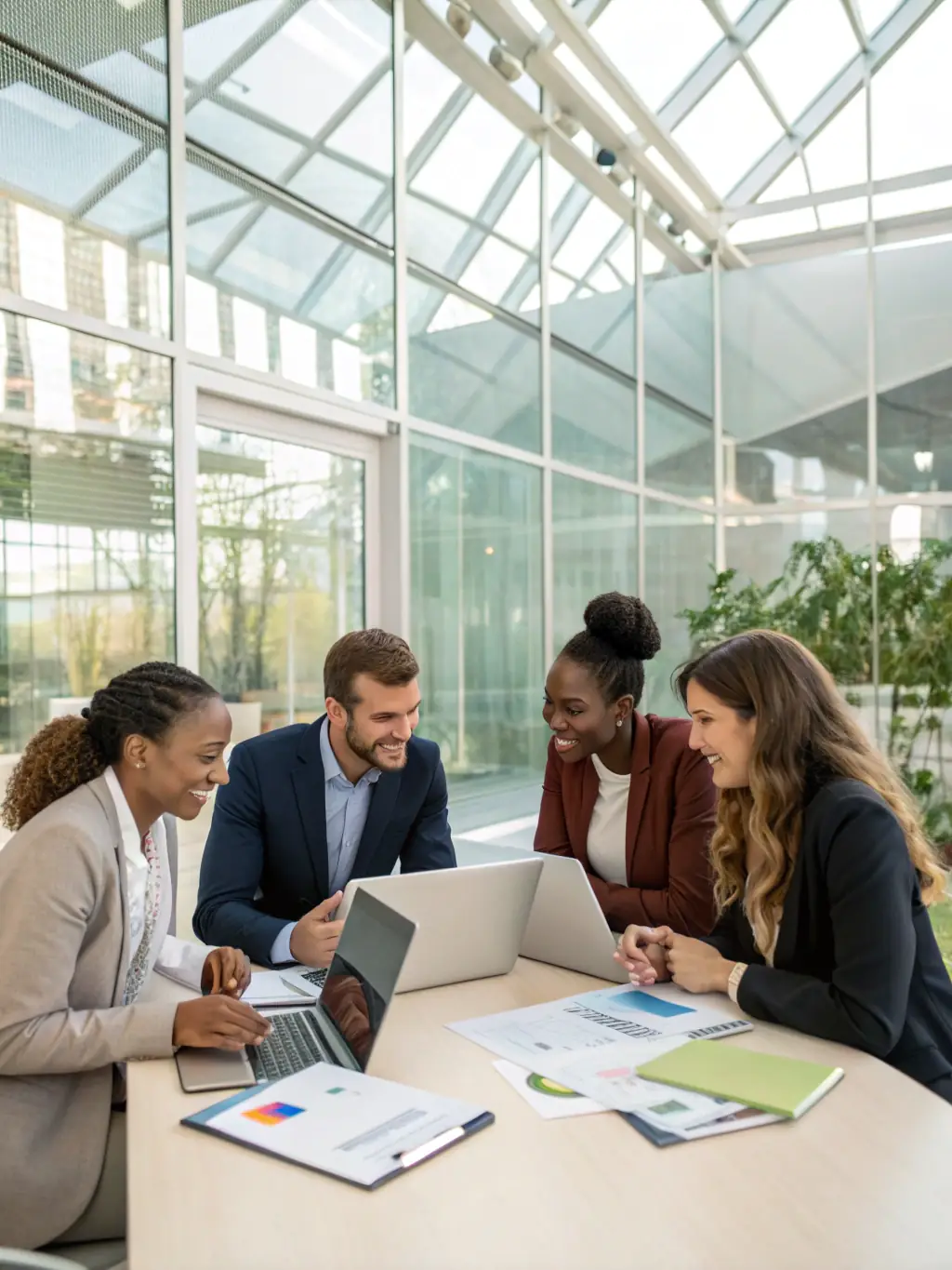 A diverse group of professionals participating in a leadership development workshop, actively engaged in discussions and team-building activities.