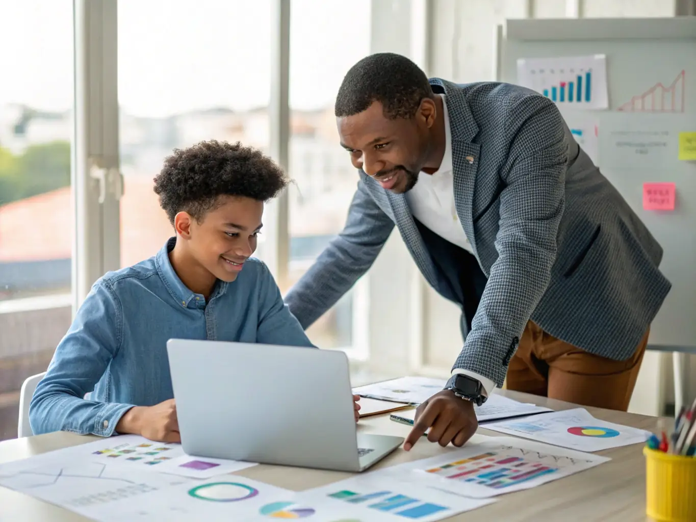 A mentor is providing one-on-one business strategy mentoring to an entrepreneur, discussing market analysis, competitive advantages, and long-term business goals.