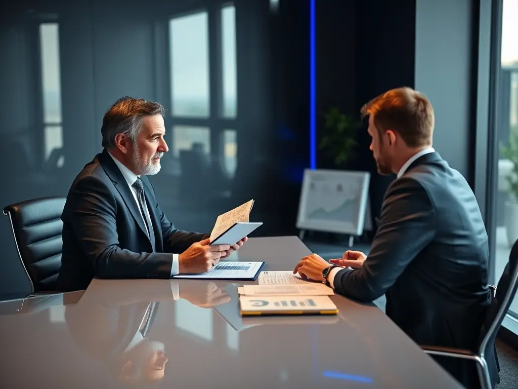 A professional business coach is working with a client in a modern office setting, reviewing business plans and discussing strategies for growth, with a focus on morning productivity.