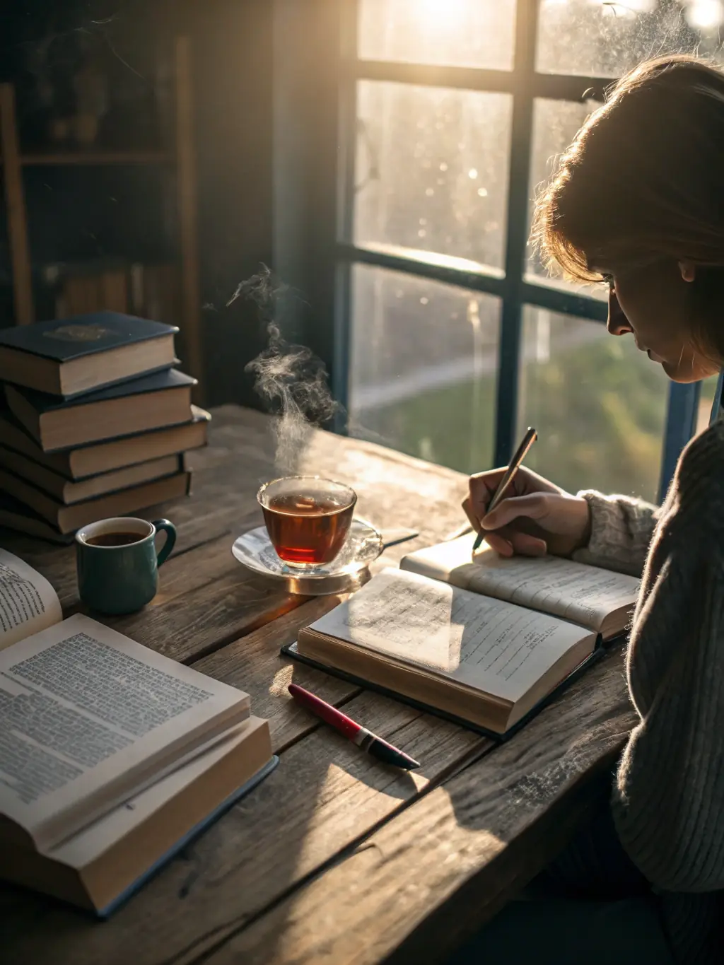 An image of a professional person journaling early in the morning with sunlight streaming through the window, representing Morning Productivity Coaching.