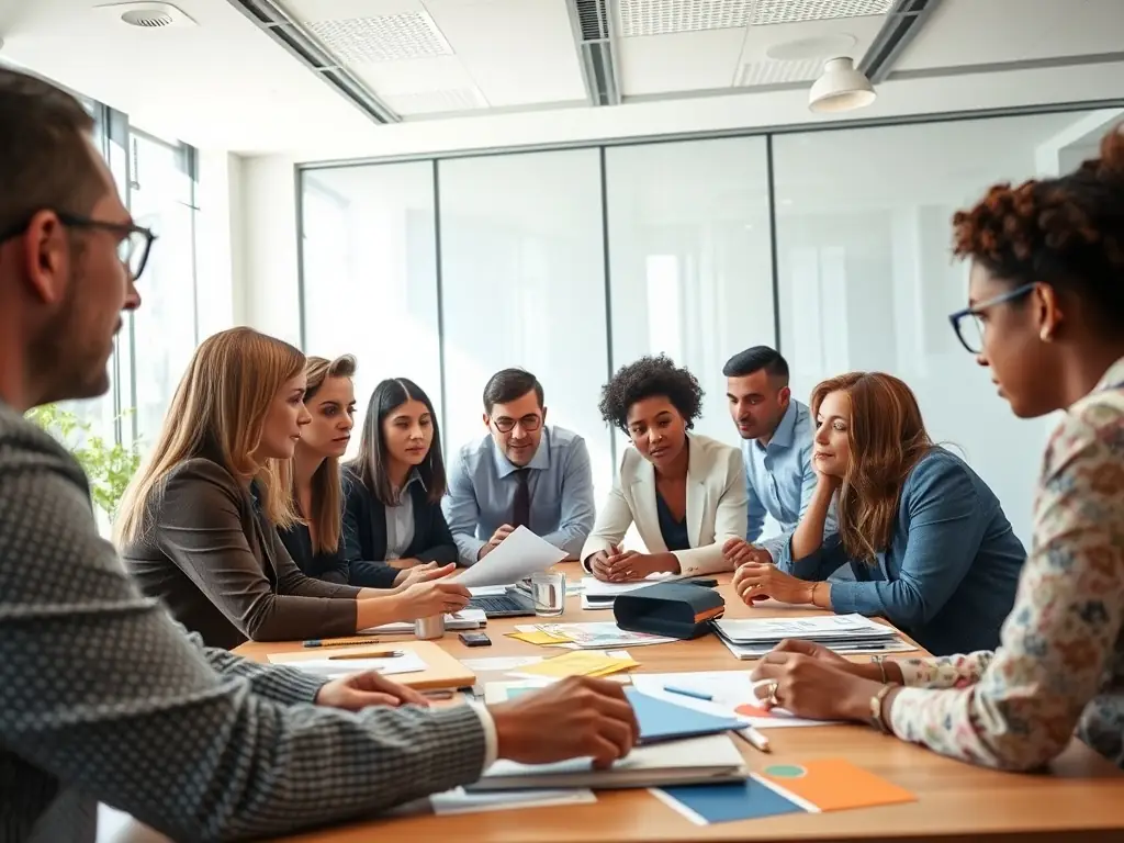 A group of professionals participating in a leadership development workshop, engaging in team-building activities and interactive discussions, with a focus on strategic thinking.